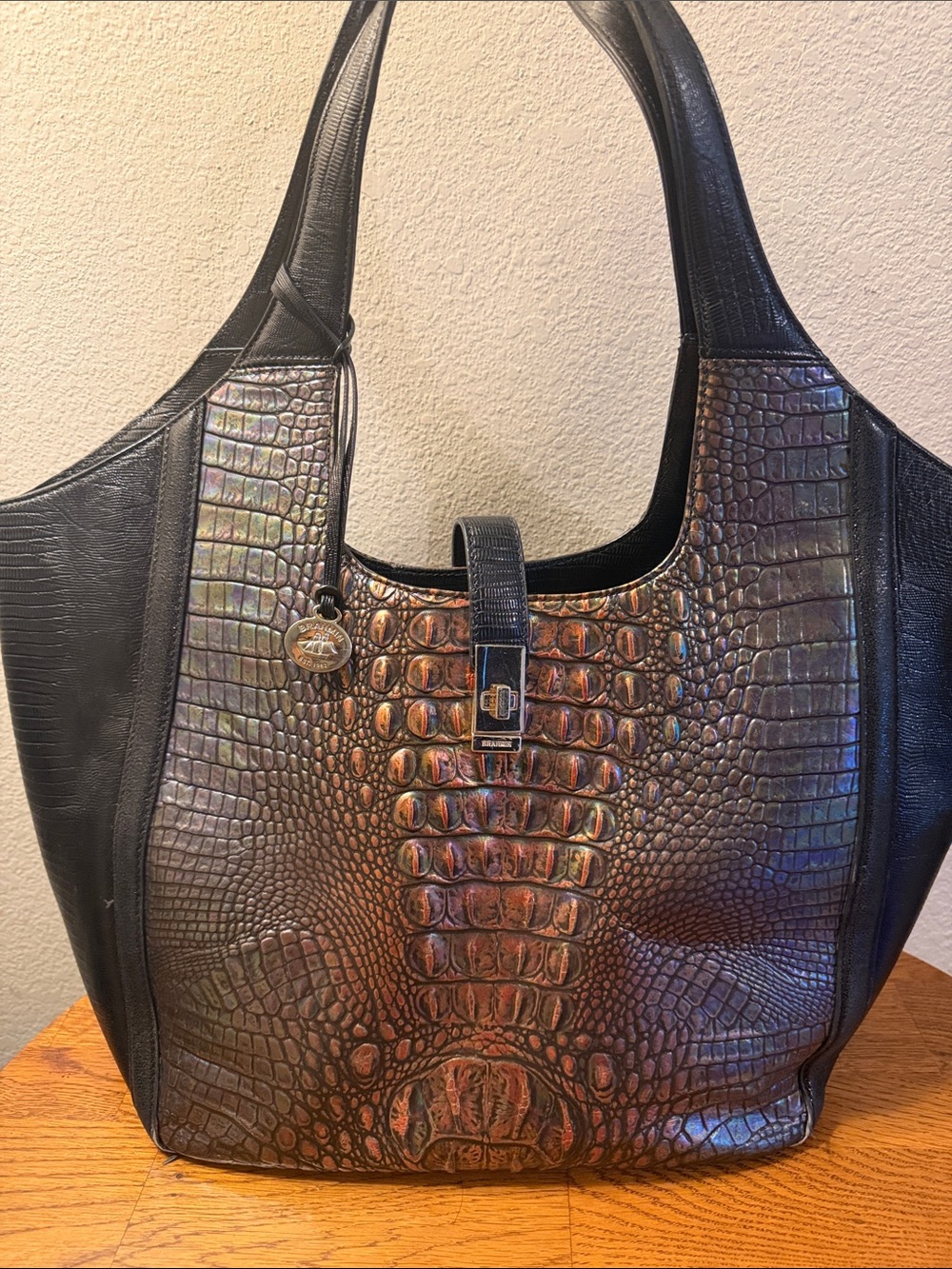 Brahmin Iridescent Black Croc-Embossed Shoulder Bag